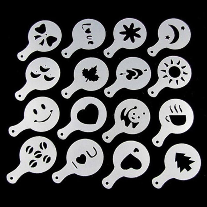 16Pcs Coffee Latte Cappuccino Barista Art Stencils Cake Duster Templates Coffee Tools Accessories Gusto Nespresso Zavarnik