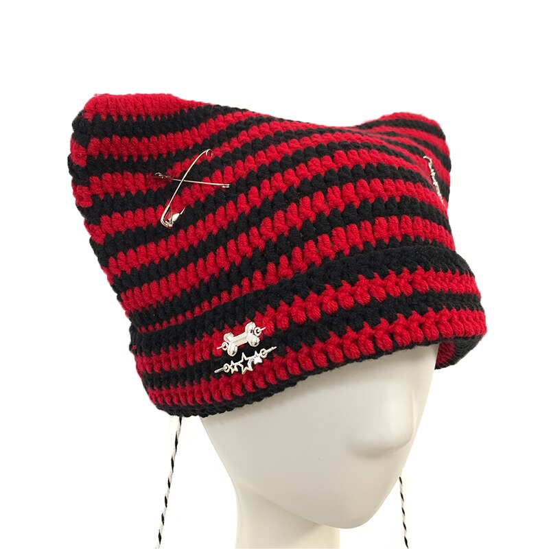 Y2K Gothic Grunge Cat Ear Bat Wing Black Beanie Hat