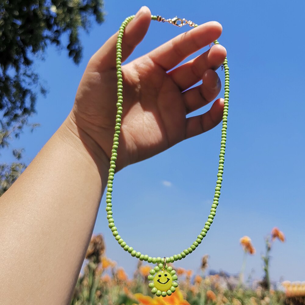 ZX de hecho a mano colorido cuentas de collar de Gargantilla de cadena lindo Similey cara colgante collares al por mayor, joyas de las mujeres Accesorios: light green