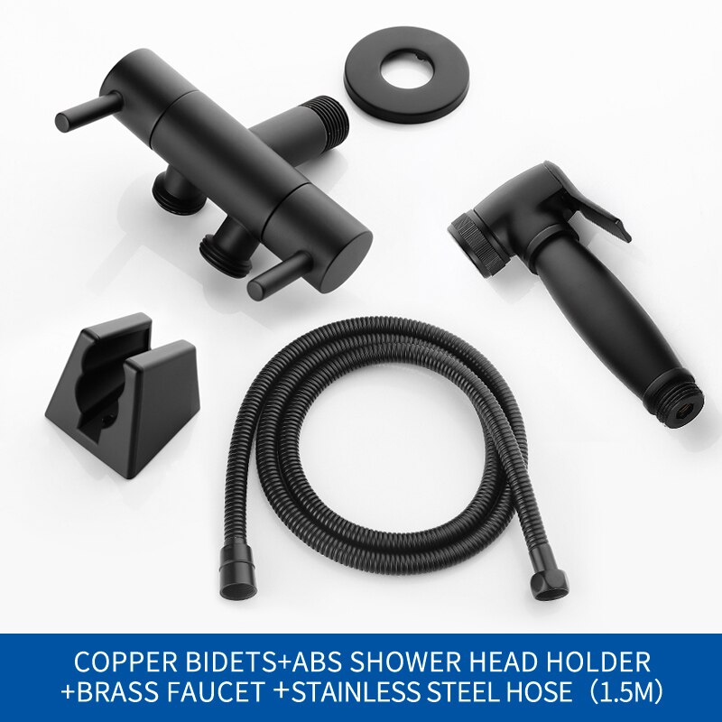Solid mässing toalett bidé sprayventil svart handhållen bidé kran rengöringsset bärbar bidé dusch set dusch kit: Med duschslang