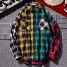 High Street Oversize Hip Pop Men Plaid Shirt Chic Long Sleeve Patchwork Checked Tops Turn Down Collar Pocket Plus Size Shirts