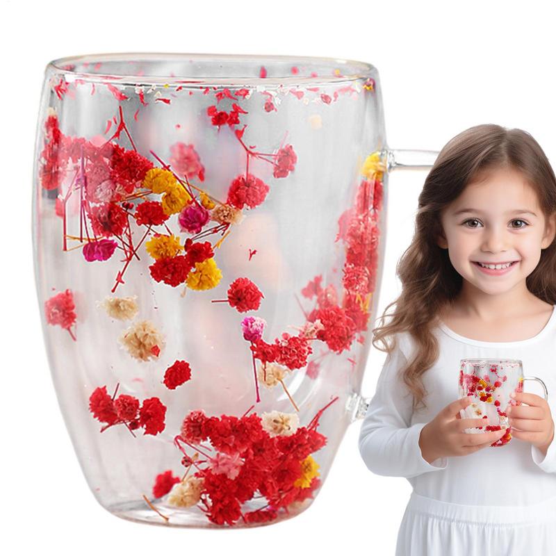 Geïsoleerde Laag Bloemen Koffiekopje Dubbelwandige Glazen Koffiemok Handvat Verbrandingsbeveiliging Glazen Mokken Gedroogde Bloemen Warmte-isolatie cup