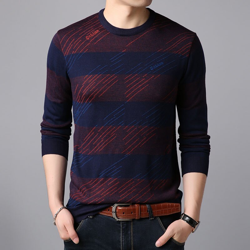 Märkeströja för herrtröjor o-ringad slim fit-tröjor stickade randiga koreansk stil fritidskläder för herr: Röd / Xl