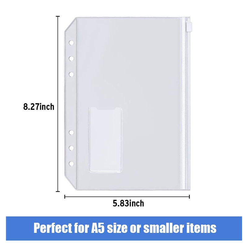 15Pcs A5 Binder Pockets 6-Hole Punched Zipper Binder Pocket with Plastic Zipper Label Pocket for 6-Ring Notebook Binder