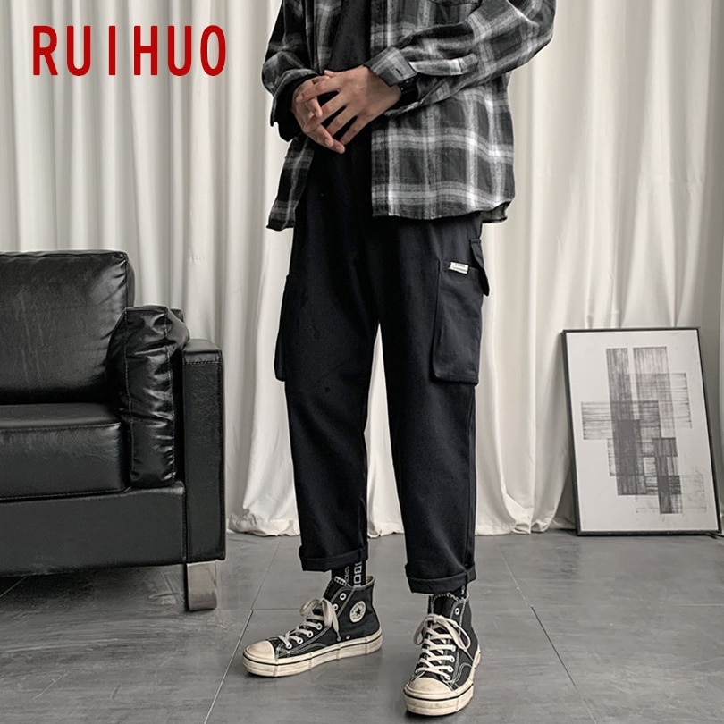 Ruihuo ankellange herrebukser streetwear cargobukser herreklær joggerbukser herrebukser harajuku bukser m -3xl høst