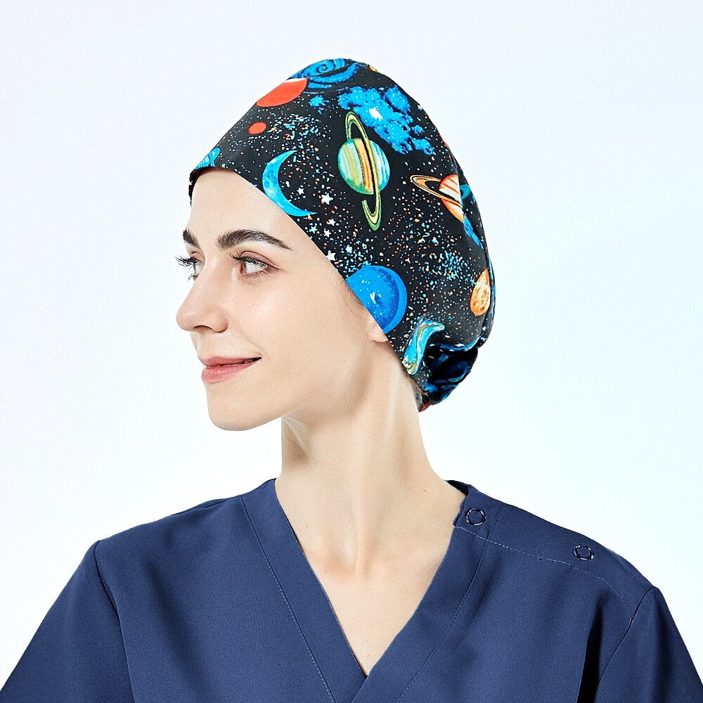 Unisex tannhelsesjekk scrubs caps pet grooming arbeidshatter justerbar stjernehimmel utskrift scrubs dame caps med svettebånd: 22021