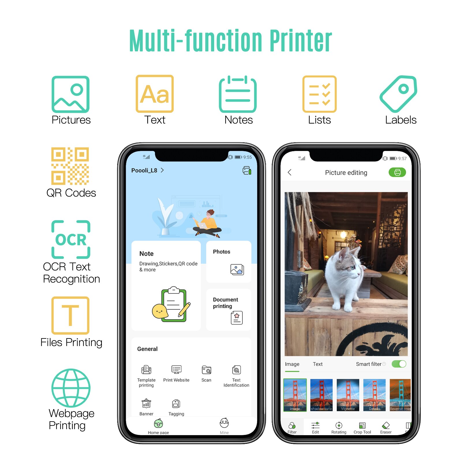 Poooli L8 Mini Pocket Photo Printer All-in-One Portable Wireless BT Thermal Mobile Printer Compatible with Android and iOS