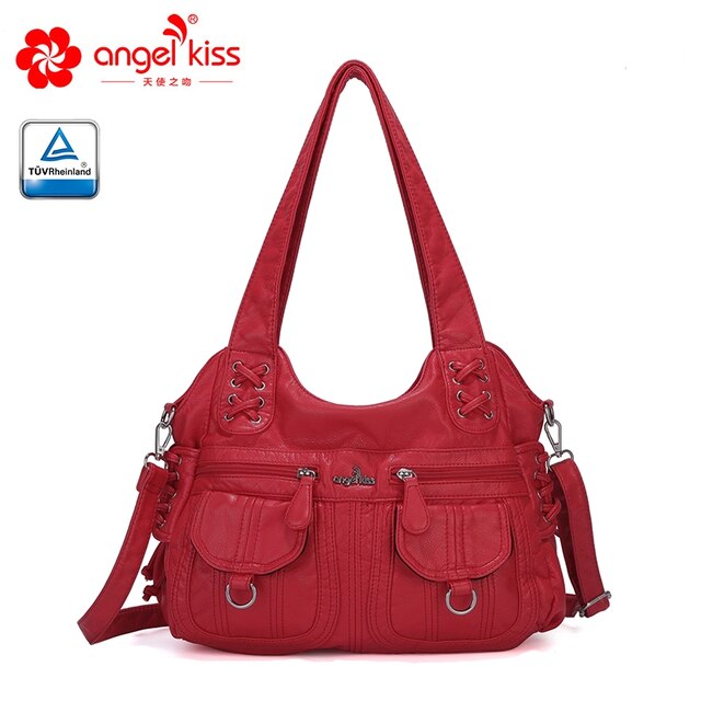 Angelkiss Gewassen Pu Vrouwen Handtas Dame Schoudertas Dubbele-Compartiment En Multi-Pocket Ruim Messenger Tote Met Lange band: Red