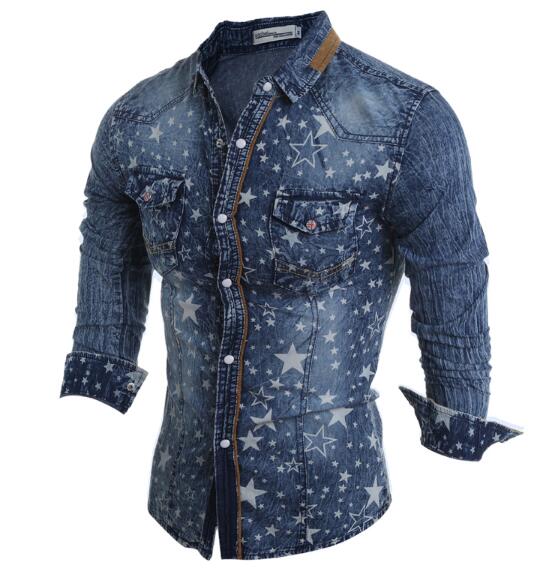 Cowboy miesten paita pitkähihainen miesten denim paita merkki denim paita tähtikuvio aasialainen koko sininen: Laivastonsininen / Xl