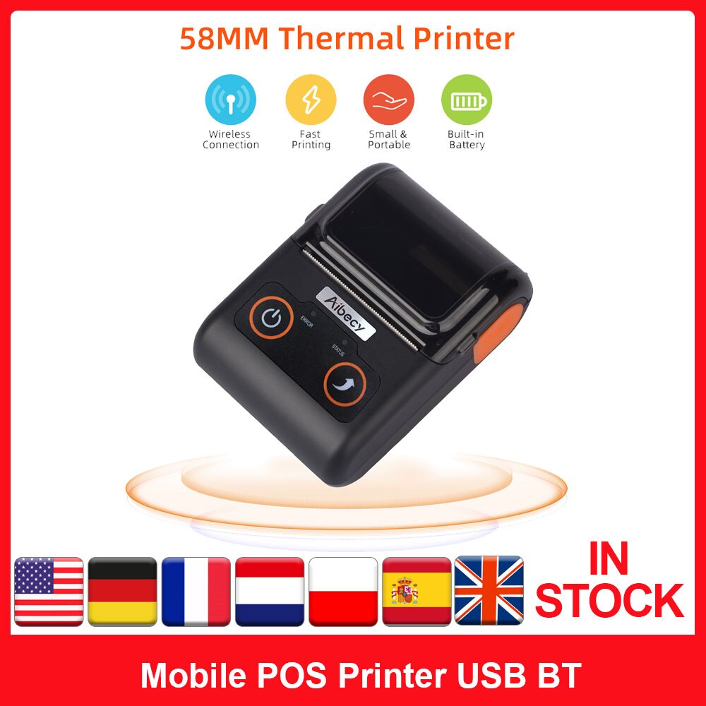 Aibecy Receipt Printer 58MM Thermal Printer Mobile POS Printer USB BT ESC/POS Command Compatible with Windows Android iOS