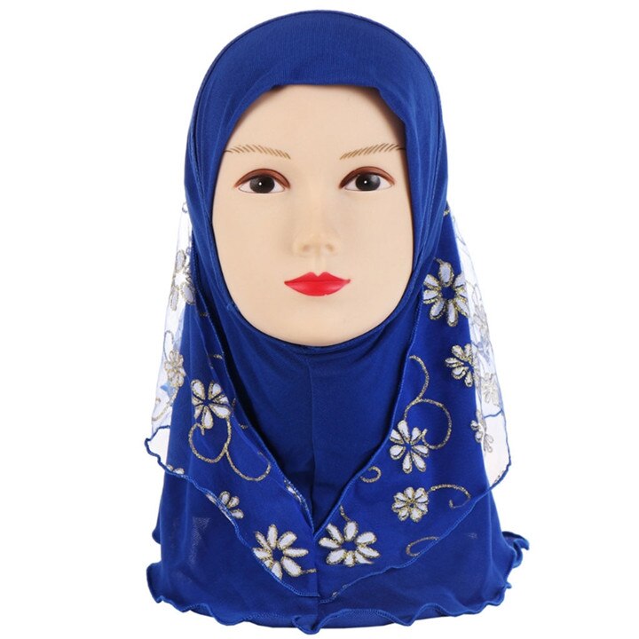 Children Kids Muslim Small Girl Hijab With Lace Flower Pattern Islamic Scarf Shawls Stretch 56cm 7-11 Years Old: D
