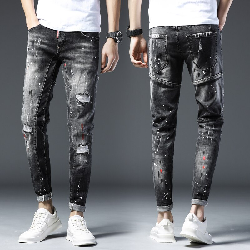 Skinny jeans mænd revet jeans til elastisk maling slanke bukser herretøj hip hop streetwear forår efterår dybgrå
