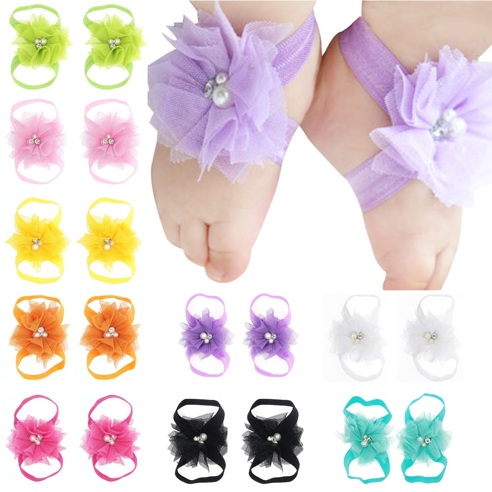 2PCS Baby foot Flower Headband Baby Girls Barefoot Sandals Hair Foot Accessories Elastic Foot Decoration Kids