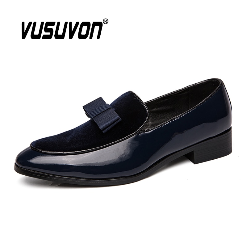 Vusuvon herr formella skor bowknot bröllopsklänning herrar lägenheter fritidsskor svart blå lack slip on mocka loafers herr sko