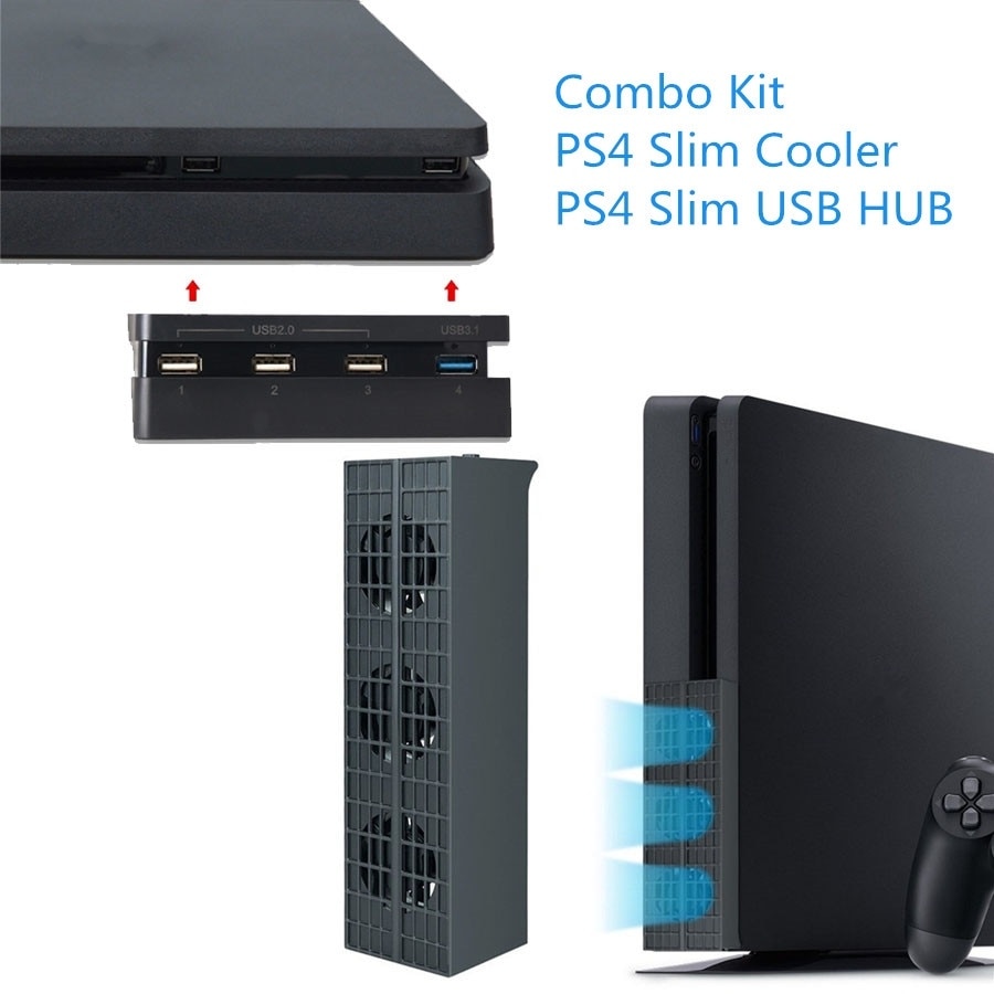 Turbo Kühler &Ampere; USB Hub Combo Bausatz für PS4 schlank - Auto Temperatur Gesteuert Lüfter und USB2.0/3,0 Erweiterung Adapter Ladegerät