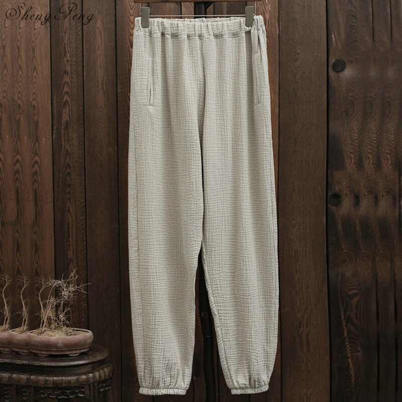 Pantalones bombachos de lino y algodón con cintura elástica para mujer, pantalón informal liso, novedoso, Q799: 3