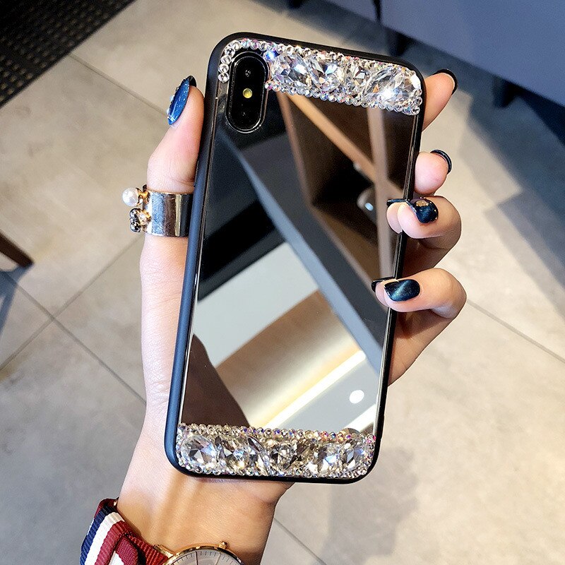 Rhinestone Tempered Glass Mirror Phone Case For iPhone XR Xs Max XR Sparkle Bling Diamond Back Cover for iPhone X 6 7 8 Plus