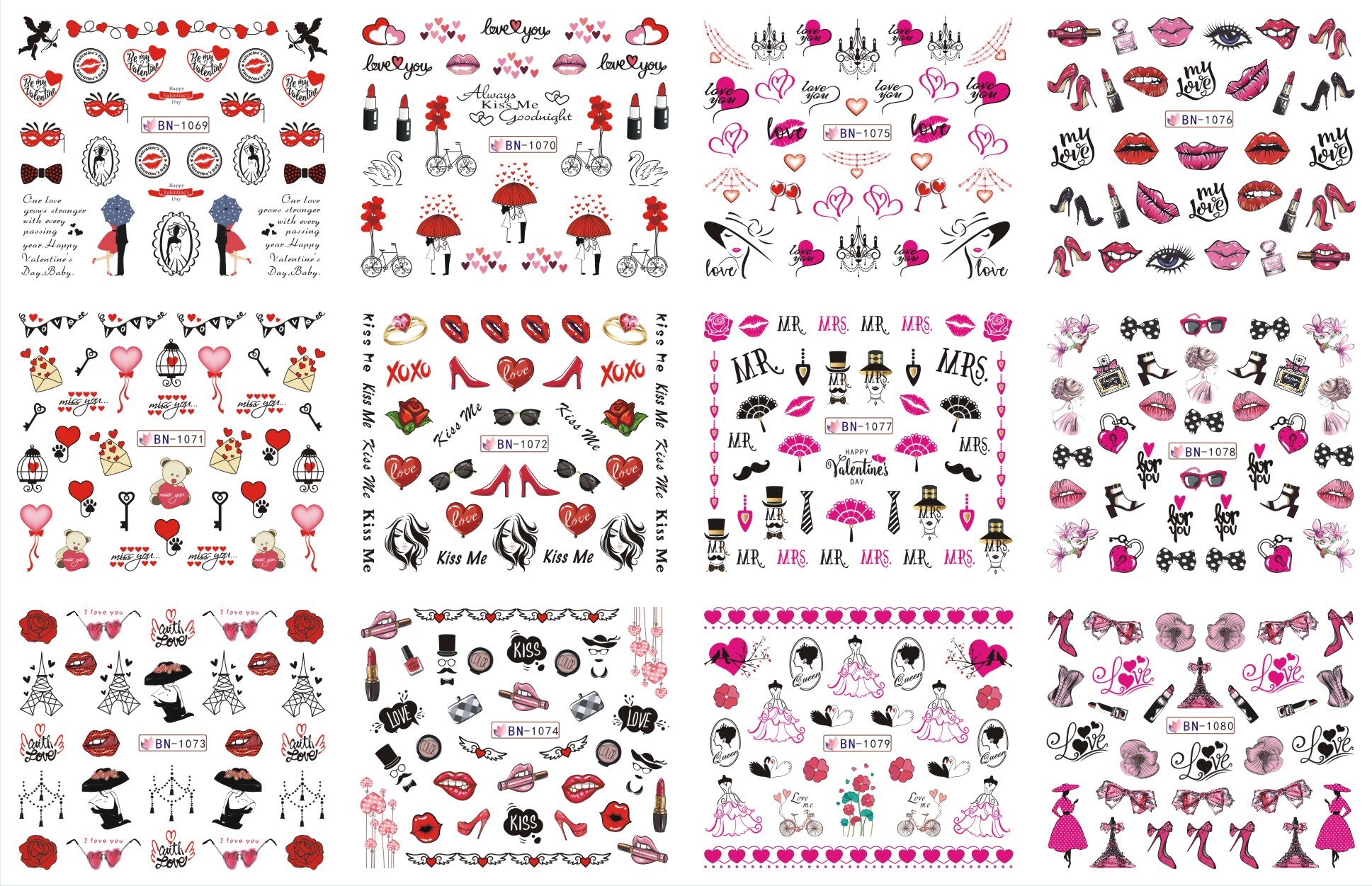 12 stk læber søm vand mærkat valentine negle kunst klistermærker elsker makeup vand overførsel mærkat sæt skyder tatovering folie