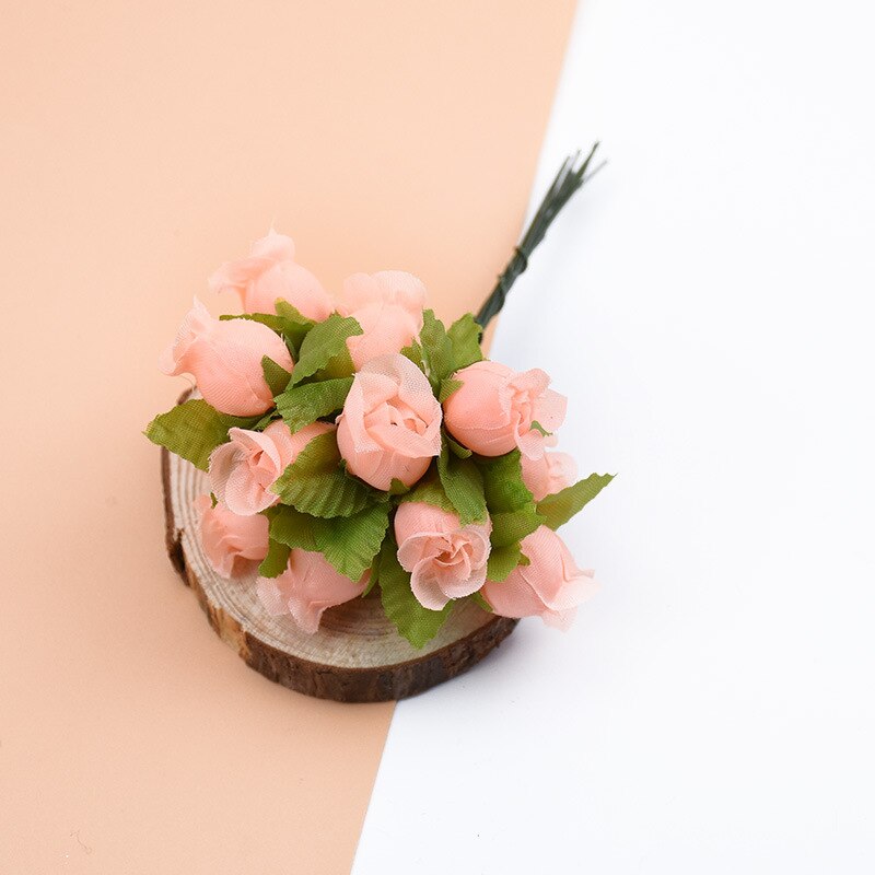 12 uds/paquete de seda artificial mini capullo de rosa cabeza de flor DIY ramo de flores caja de scrapbooking boda decoración de en casa: Beige