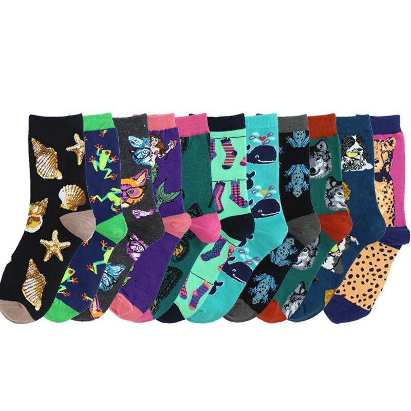 Harajuku Happy Socks para mujer divertidos dibujos animados Rana perro Concha ballena mariposa patrón transpirable calcetines de algodón para mujer