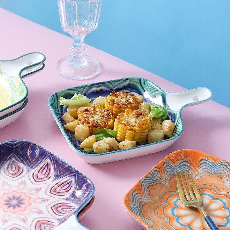 9" Bohemian Ceramic Square Salad Plates Dish Porcelain Baking Tray Dinner Plates Western Dish Japanese Household Dishware Plate