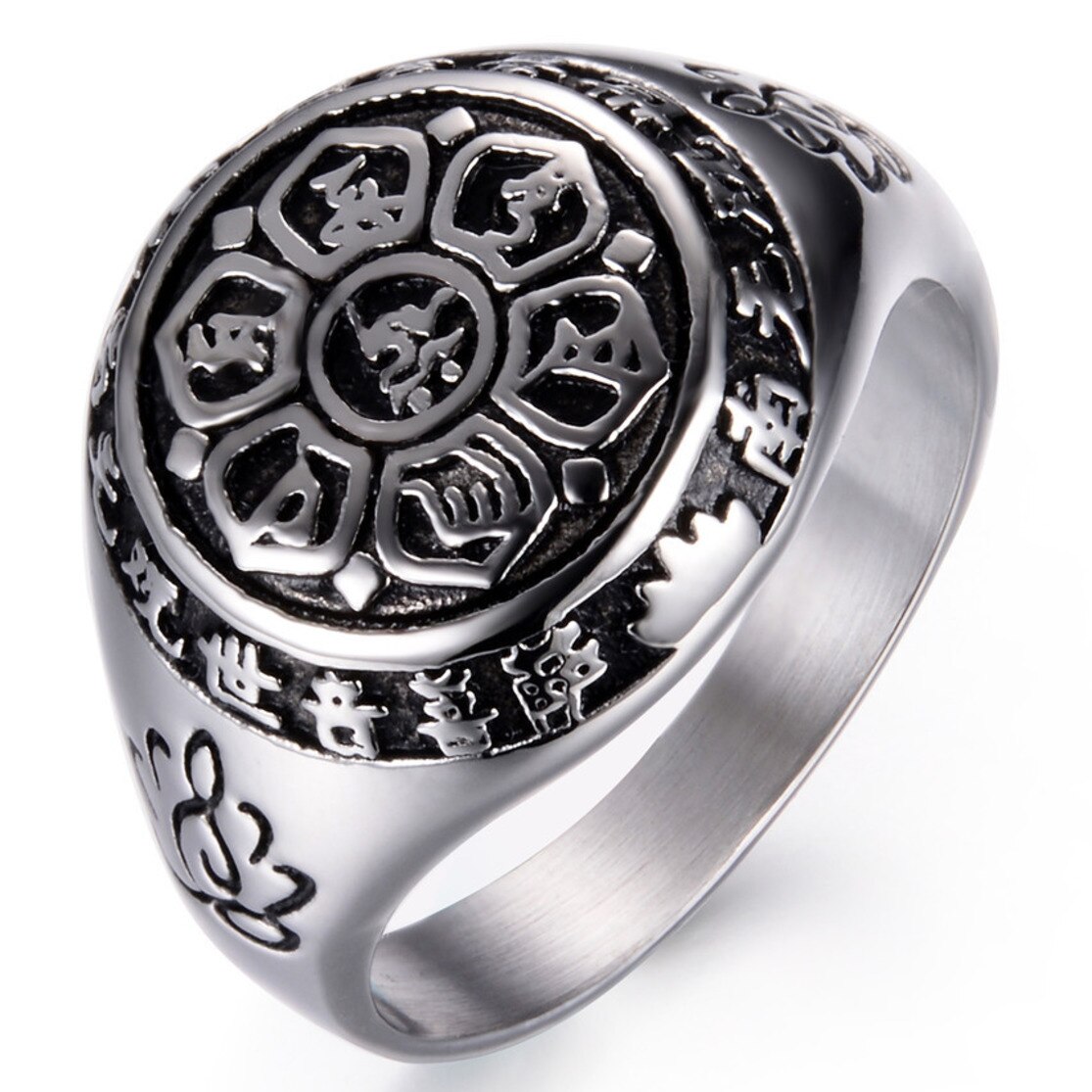 Shenghuo Rvs Zes Karakter Ware Woorden Lotus Sanskriet Guanyin Mantra Voor Mannen En Vrouwen Ring