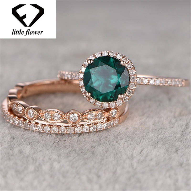 14k Rose Gold Set van Turquoise driedelige Ring Engagement Diamond Emerald Diamante Sieraden Anillos voor Vrouwen Ring edelsteen