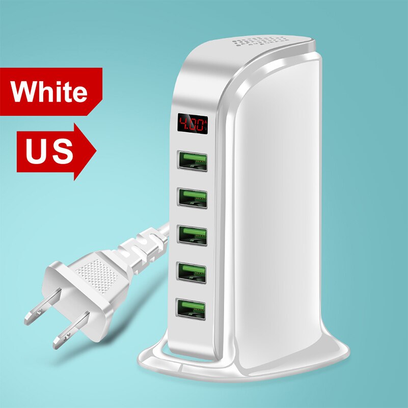 5 port usb oplader hub led display multi usb opladningsstation dock universal mobiltelefon desktop væg hjem os eu uk plug: Hvid (os)
