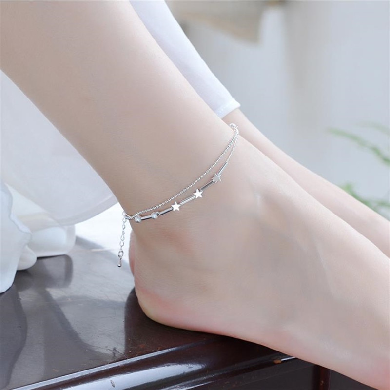 Vintage dame étoile Double couche Bracelets pour femme bijoux 925 en argent Sterling Bracelets de cheville filles princesse accessoires dame