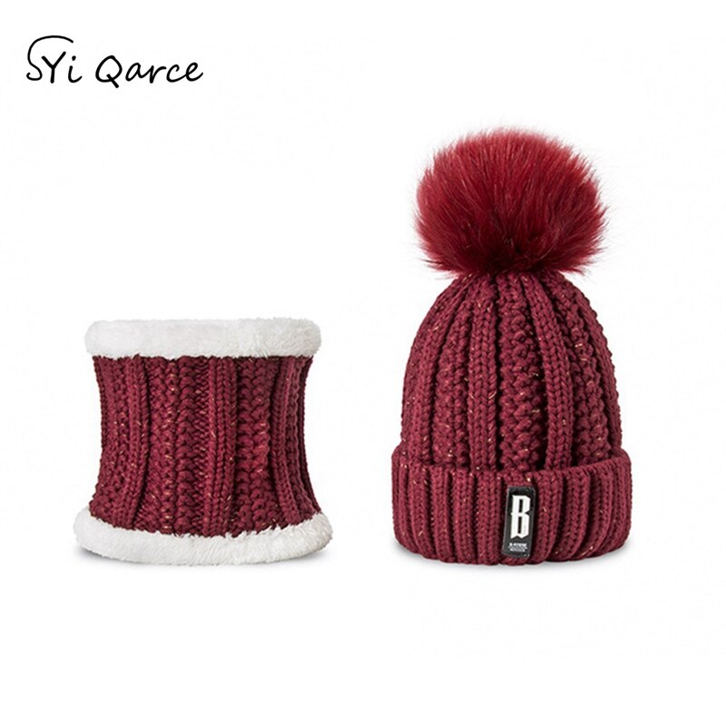 SYi Qarce Letter B 2 Pcs Women Winter Warm Knitted Hat Scarf Set Fleece Prefect Christmas for Girl's Women's hat and scarf: Wine Red
