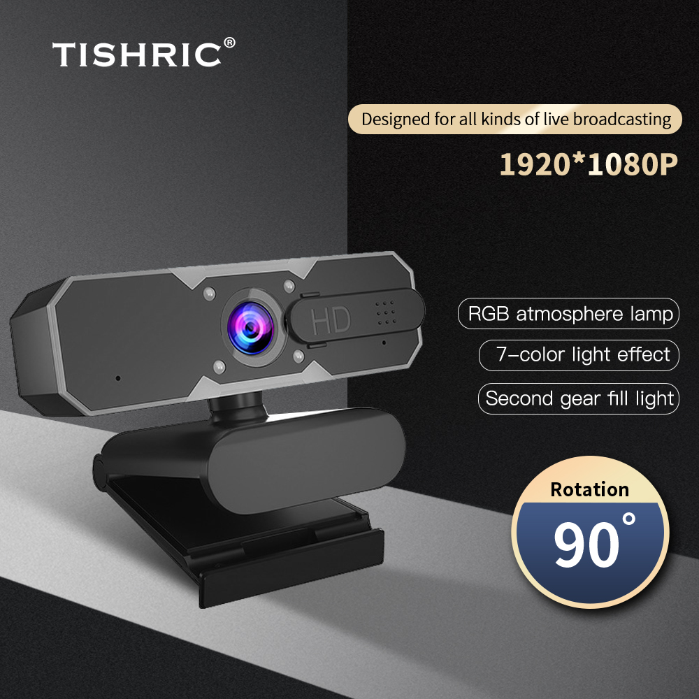 TISHRIC Fill Light Camera Live Game USB Camera RGB Atmosphere Lamp Web Camera with Microphone 1080P Webcam Autofocus Web Cam