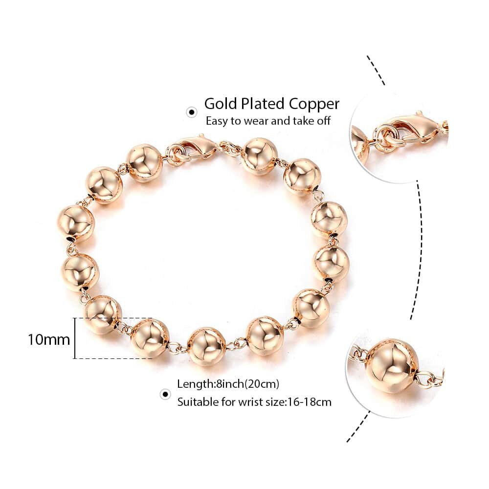 10MM 585 or Rose ronde perle chaîne Bracelet homard fermoir Bracelet Bracelet pour femmes fille bijoux 20cm CB24