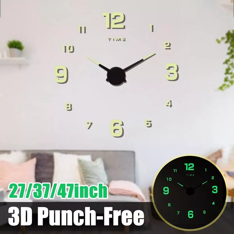 DIY 3D Punch-Free Wall Clock Silent Quartz Luminous Decor Sticker Wall Night Clocks for Kids Bedroom