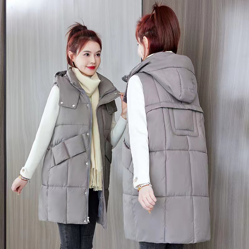 Detachable Hooded Cotton Vest For Women Autumn Winter Jacket Korean Mid Length Vest Sleeveless Jacket Female Waistcoat Tank Tops: XL / SKY BLUE
