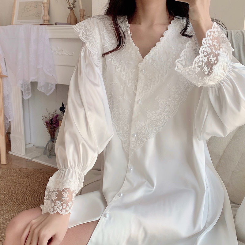 Camisola feminina renda doce manga comprida, camisola casual folgada coreana adorável mini vestido vintage branco com botões: XL