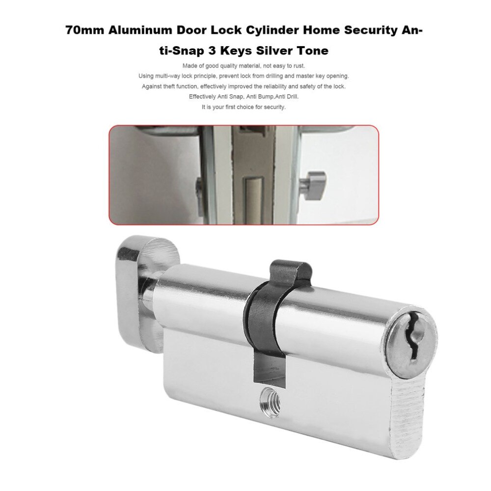 70mm Aluminum Metal Door Lock Cylinder Home Security Anti-Snap Anti-Drill With 3 Keys Silver Tone Set Tools