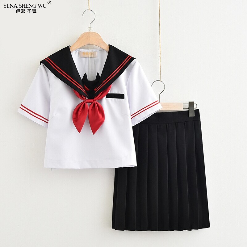 Japanese School JK Uniform For High School Girls Dark Devil Embroidery Sailor Suit Pleated Skirts Novelty JK Uniforms: Short Sleeve Set / S