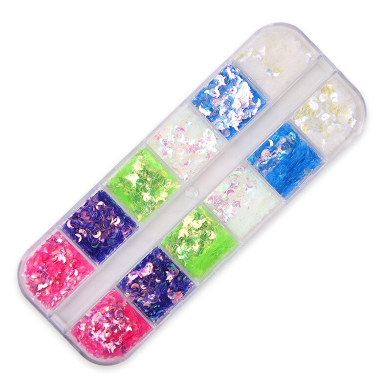 3D Vlokken Plakjes Zachte Aardewerk Nail Glitters Art Decorations Nail 12 Grid Box Nail Decoratie Gemengde Sequin Set Ster En maan: 01