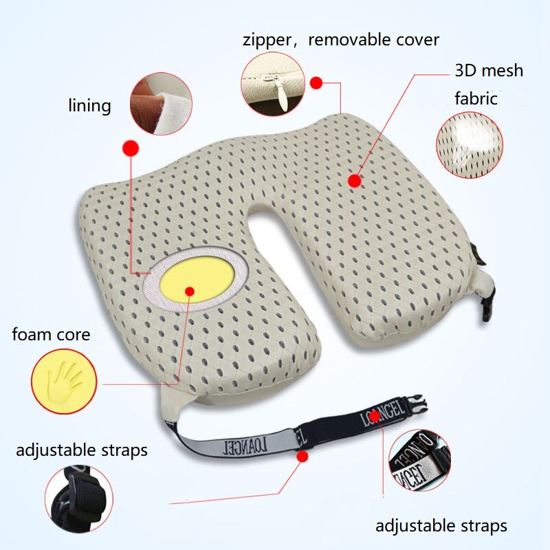 Seat Support Pillow Back Pillow and Hip Pad Relieve Back Tailbone Pain Waist Pressure Long Time Sit with Straps