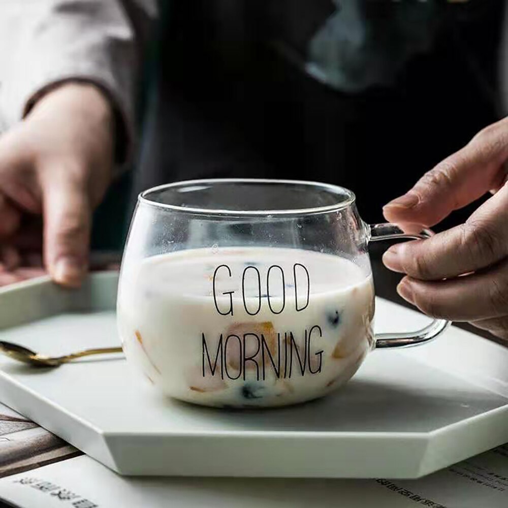 Vidrio vientre tazas Estilo corto transparente desayuno taza de alta temperatura resistencia creativa café té de la leche de yogur de avena tazas