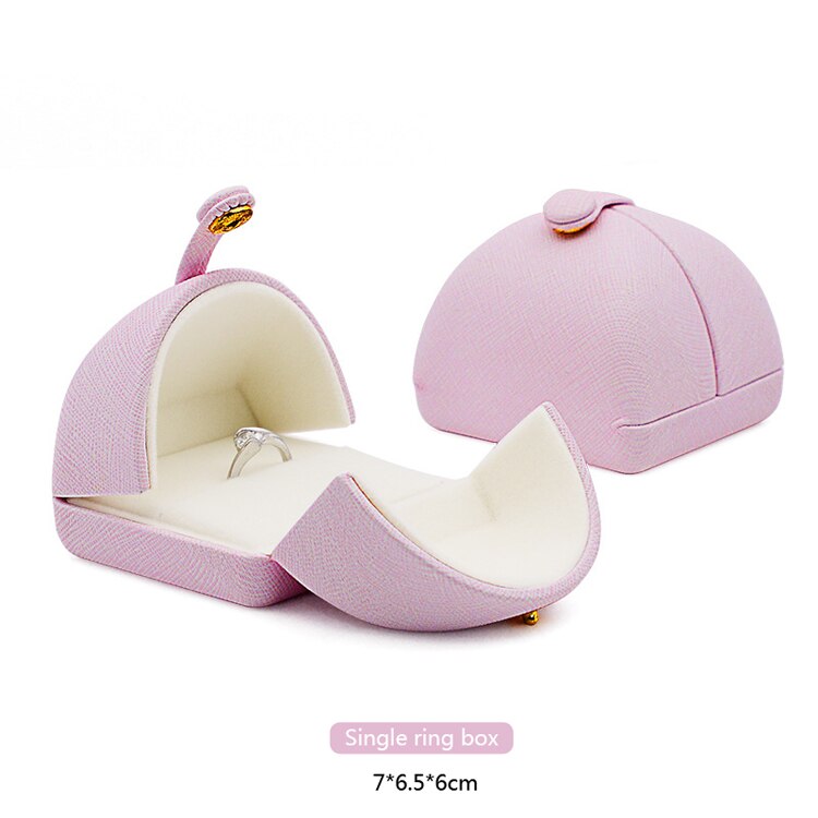 Pink Leather Snap Button Double-Sided Opening Jewelry Packaging Box Proposal Double Ring Box Pearl Necklace Collection Box: Single ring box