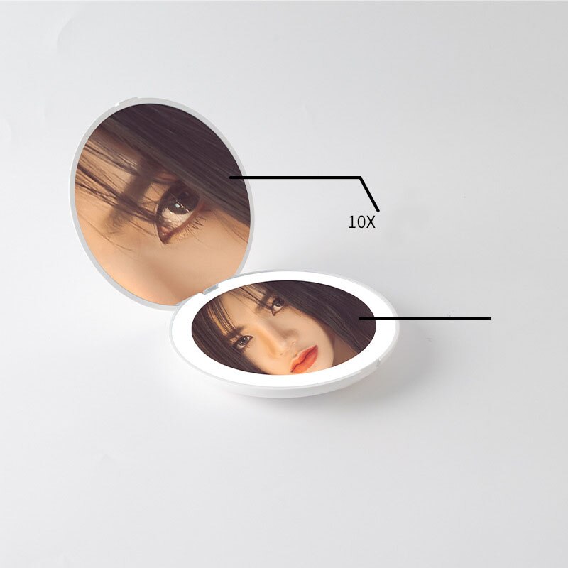 Bærbart led makeup spejl  m005 mini lommespejle 2x forstørrelses spejl makeup spejl lys kompakte spejle håndholdt spejl: Hvid 10 x