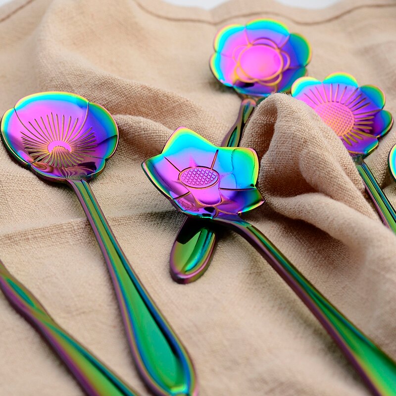 8 Pcs Of Flower Petals Stainless Steel Spoon Teaspoon Various Flower-shaped Dessert Coffee Kitchen Accessory Tool