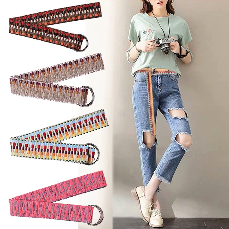 Lærred afslappet bælter til kvinder retro 130cm lang rem boho stil vævning d form spænde kvindelige harajuku linning jeans bukser