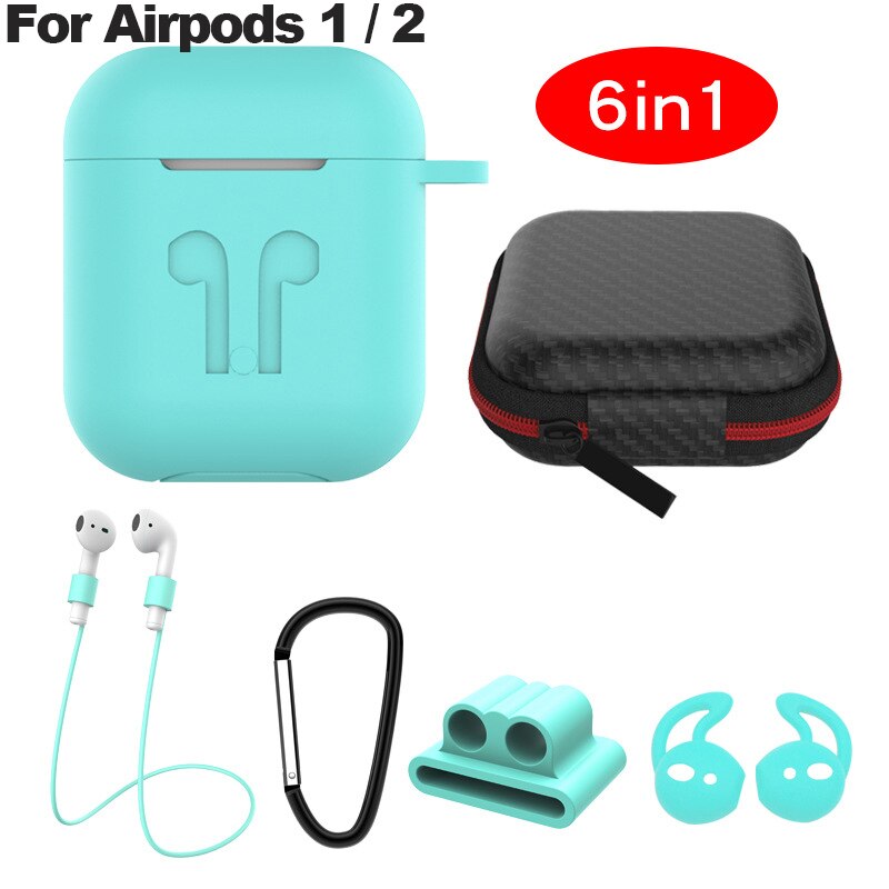 6 In-1 Case Lanyard Karabijnhaak Beschermhoes Voor Airpods 2 3 Hoofdtelefoon Siliconen Cover Voor Air Pods 2 3 Pro Case Accessoires Doos: green for airpod 1 2