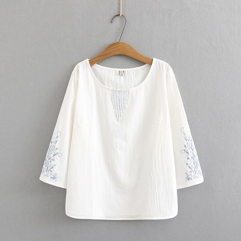 Bloemen Borduren Tops Vrouwen T-shirt Plus Size Drie Kwart Mouw O-hals Tops Xxxl 4XL KKFY5275: WHITE / Xxxl
