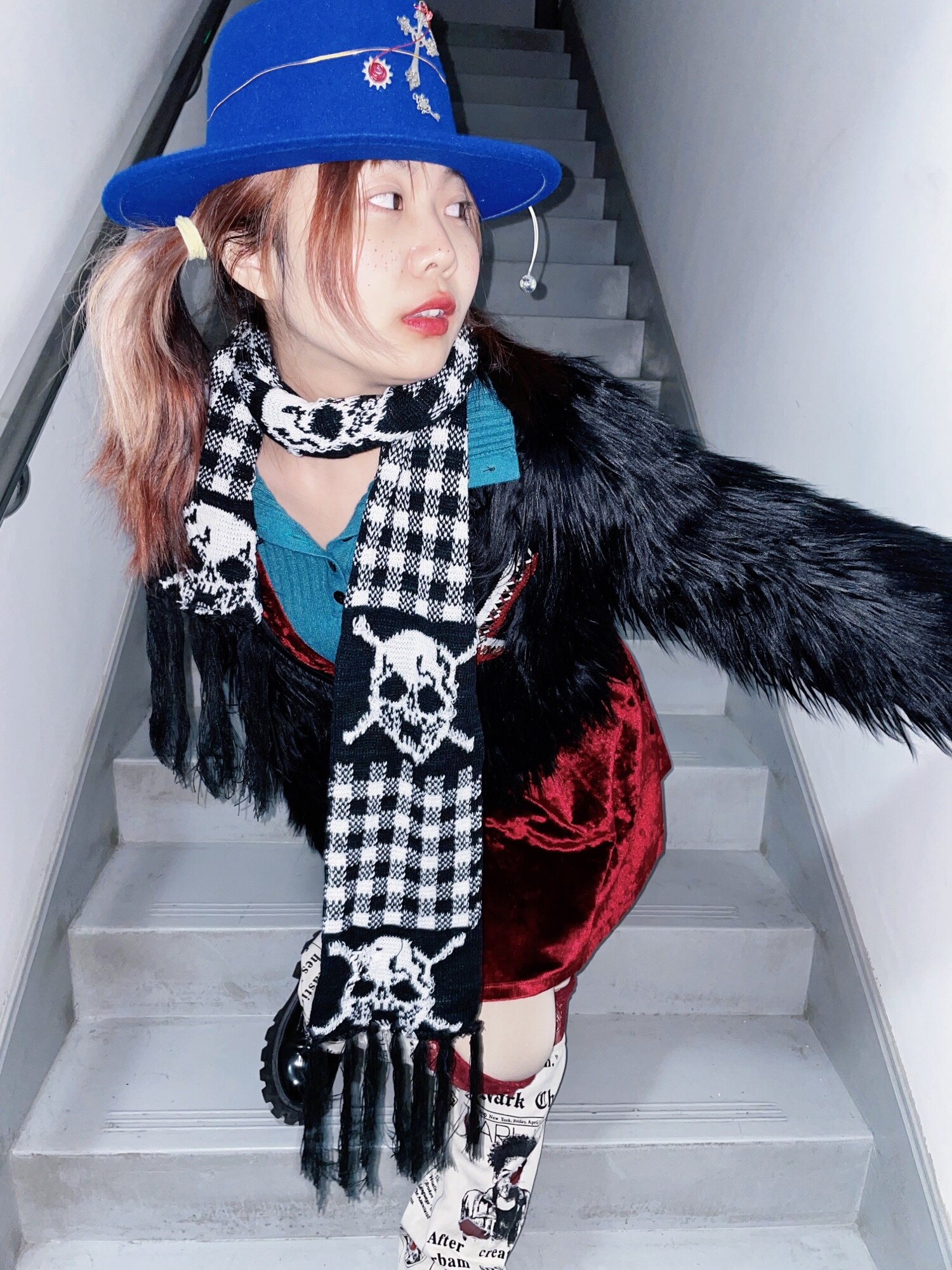 Punk Harajuku Japan Sjaal Gothic Y2k Meisje Subcultuur Schedel Sjaals Warme Gebreide Sjaal Zwart Wit Winter Sjaals