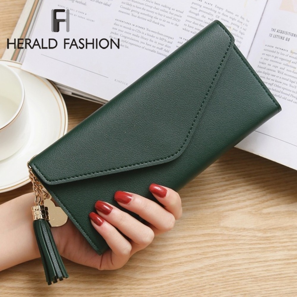 Herald Women Long Wallet with Tassel Leather Cluths Multi-function Ladies' Card Holder Female Coin Purse Wallet