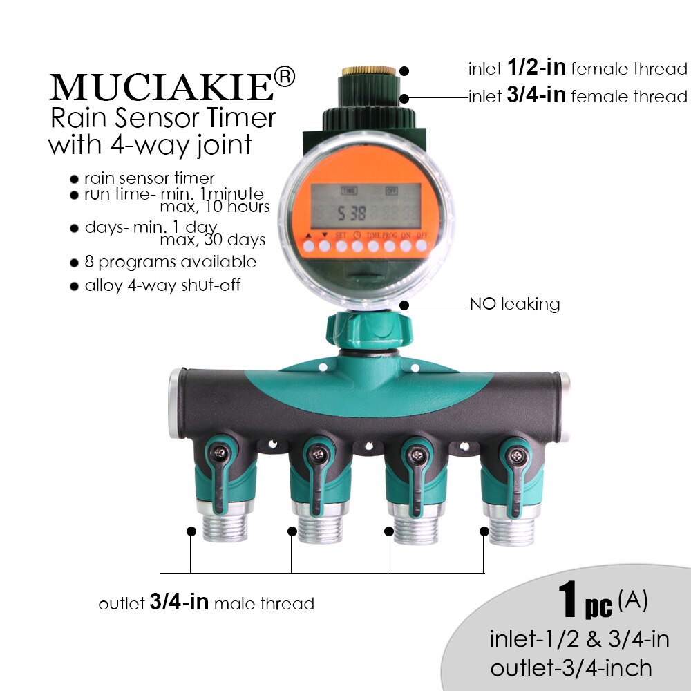 MUCIAKIE Automatic Rain Sensor Water Timer Alloy 4-Way Shut Off Electronic LED Display Garden Watering Controller Irrigation: timer alloy 4ways a