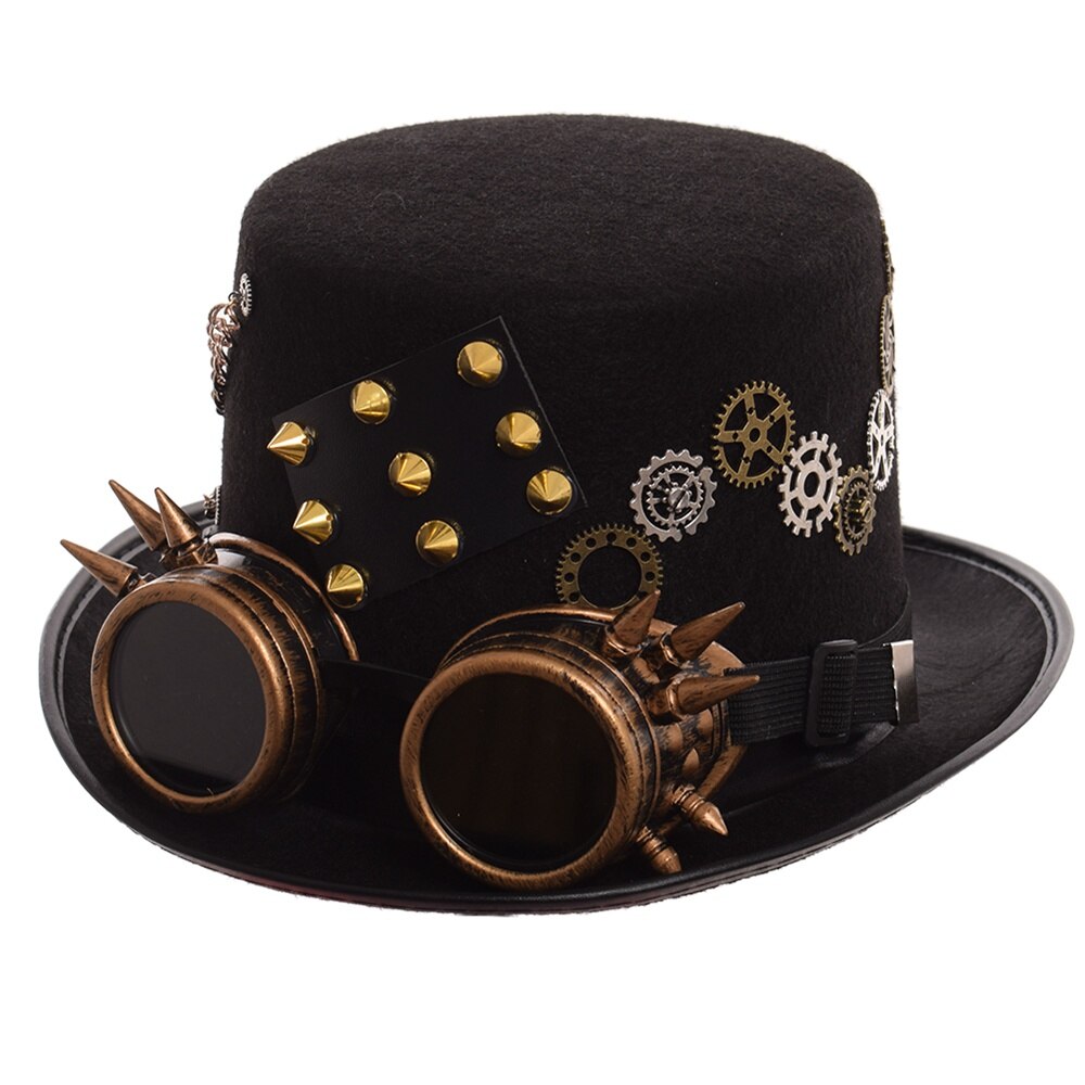Black Steampunk Punk Hoed Met Bril Gothic Vrouwen Mannen Cosplay Klinknagel Gear Fedora Bowler: 58